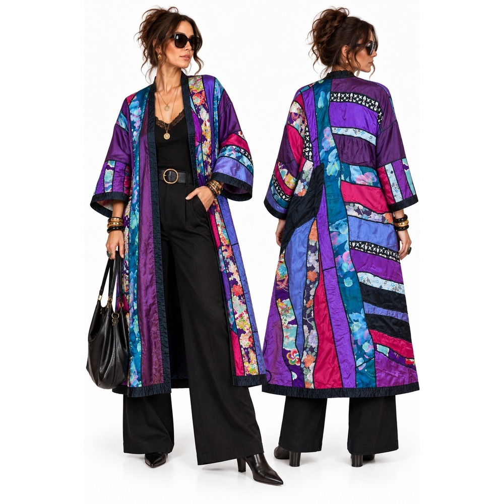 VTG 80s Judith Roberts La Coleccion Patchwork Kimono Coat Wearable Art Mexico